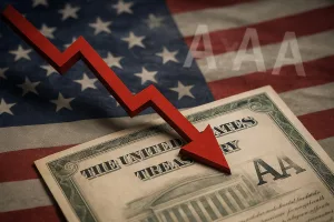 米国債格下げを示す下向き赤矢印とAA1に落ちた米国財務省証券、星条旗を背景にしたイメージ
