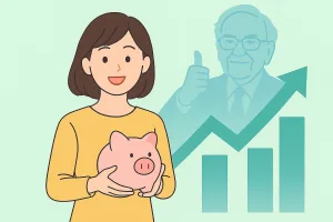 若い日本人女性がピンクの貯金箱を抱え、背景にウォーレン・バフェットのシルエットと右肩上がりのグラフが描かれた、節約から投資へのステップアップを象徴するイラスト