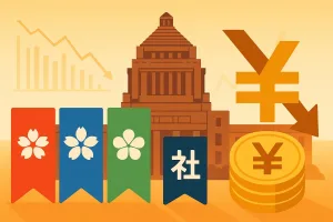 日本の国会議事堂を背景に、各政党を象徴するカラフルな旗と円マークの下向き矢印が並び、消費税減税をめぐる議論を表現したアイキャッチ画像