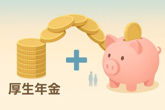 厚生年金の積立金を橋にして基礎年金を底上げするイメージ。コインの橋と豚の貯金箱で年金制度改革を象徴