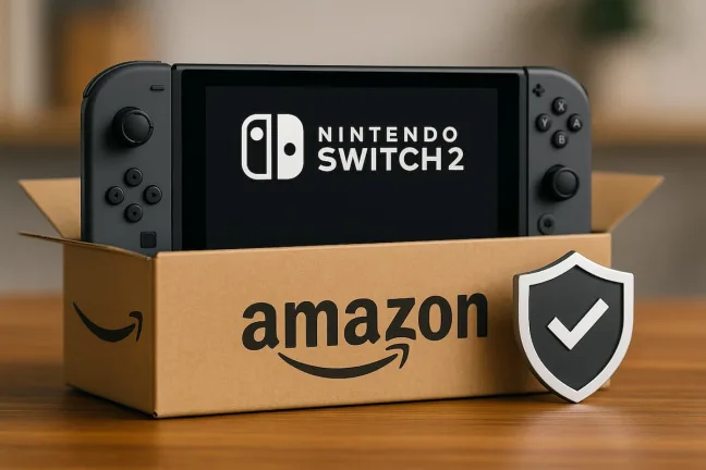 Amazonの段ボール箱からダークグレーのNintendo Switch 2が顔を出し、左スティックのブルーリングと右スティックのレッドリングがアクセント。横にはセキュリティを示す盾アイコン ― 招待制販売で安全に購入するイメージ