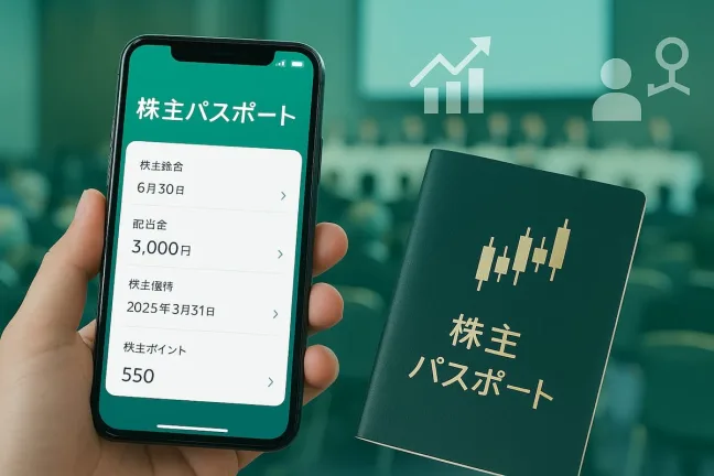 株主パスポートアプリを表示したスマートフォンと株主パスポート冊子を手に持ち、株主総会会場を背景にしたイメージ