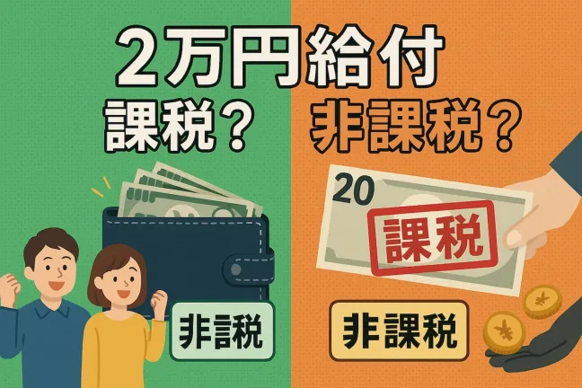 2万円給付の課税・非課税を比較するイラスト（自民党案と立憲民主党案）