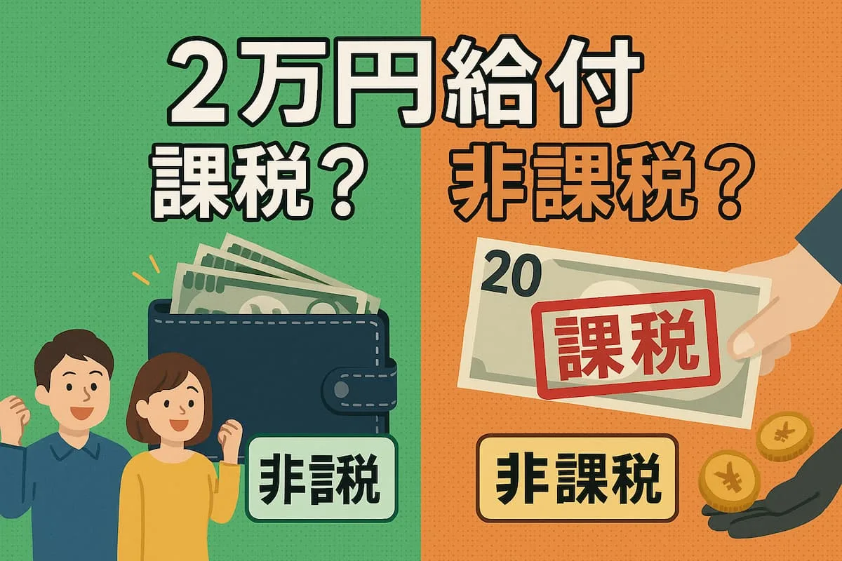 2万円給付の課税・非課税を比較するイラスト（自民党案と立憲民主党案）