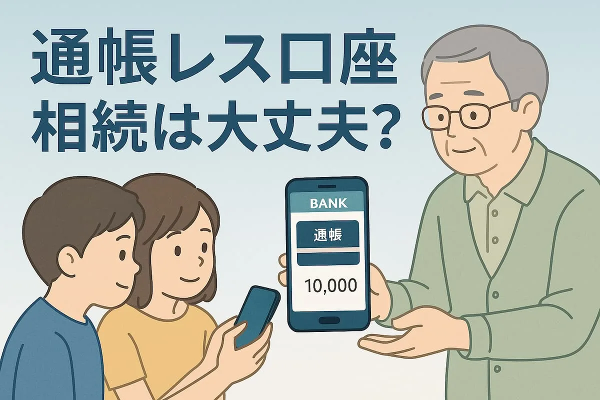 通帳レス口座 相続リスクを考える家族のイラスト