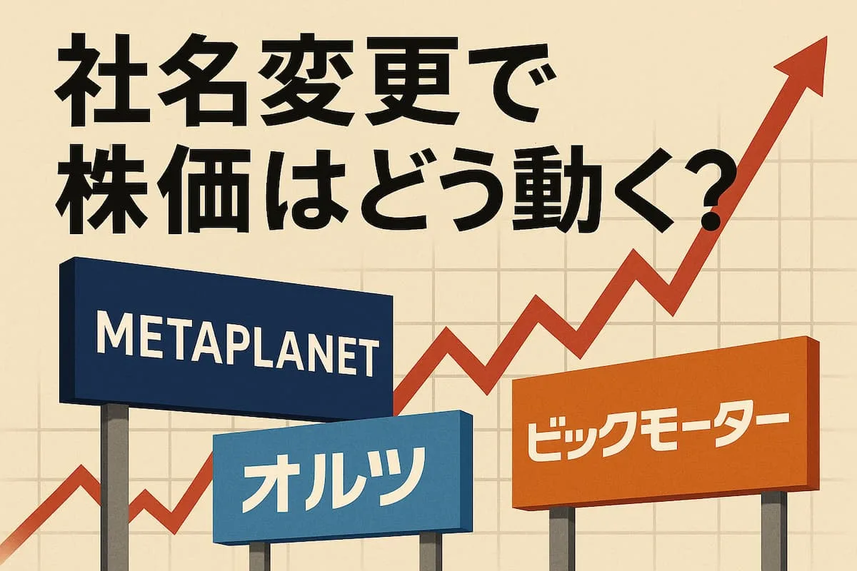 社名変更で株価はどう動く？─メタプラネット・オルツ・ビックモーターの看板と上昇チャート