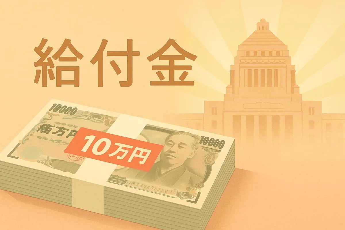 自民党 給付金 公約10万円を象徴する一万円札の束と国会議事堂‐特別定額給付金の功罪を振り返るアイキャッチ
