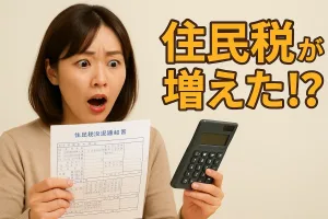 民税決定通知書を見て驚く女性と『住民税が増えた!?