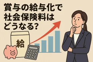賞与の給与化で変わる社会保険料をイメージしたイラスト（給与袋・豚の貯金箱・電卓・上昇するグラフと考えるビジネスウーマン2