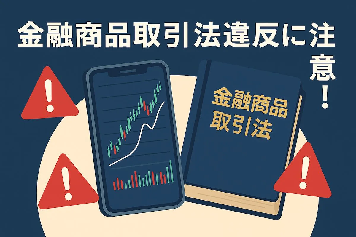 スマートフォンの株価チャートと『金融商品取引法』の法令集を中央に配置し、赤い警告アイコンと「金融商品取引法違反に注意！」という大きな文字をあしらったフラットデザインのイラスト。違反リスクへの注意喚起を視覚的に訴える。