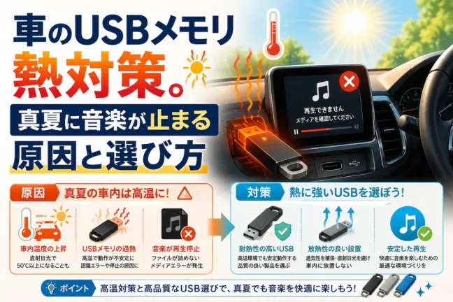 車のUSBメモリ熱対策。真夏に音楽が止まる原因と選び方