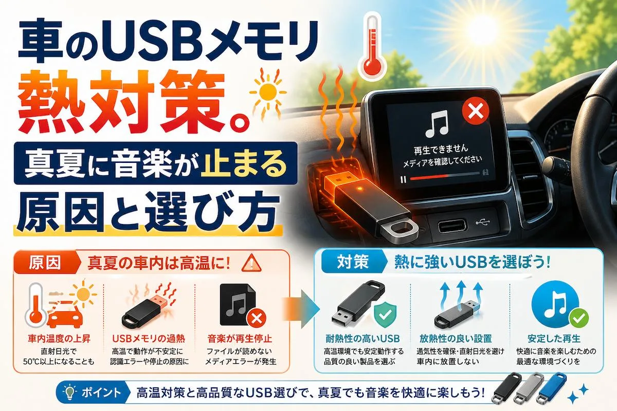 車のUSBメモリ熱対策。真夏に音楽が止まる原因と選び方