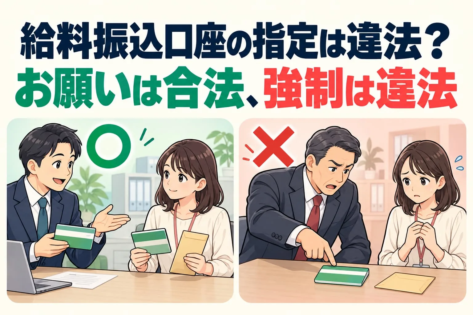 給料振込口座の指定は違法？お願いは合法、強制は違法